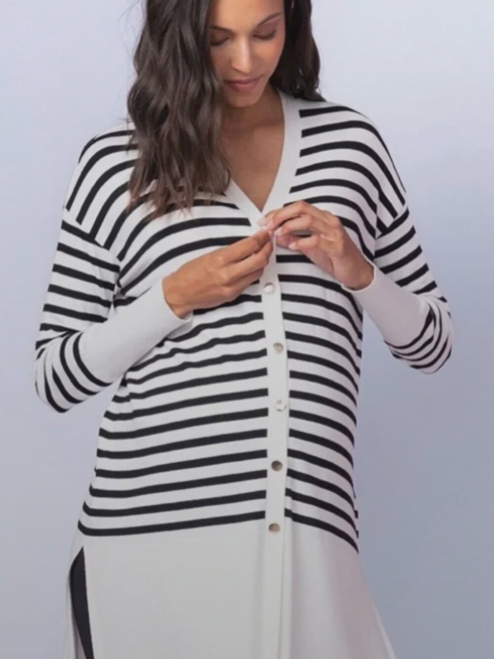 Seraphine Maternity Striped Black and White Cardigan with Gold Buttons Size M